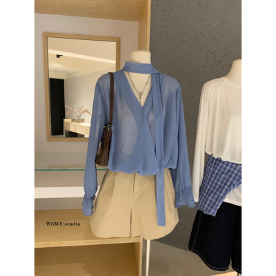 挂脖飘带波点雪纺衫显瘦衬衣小衫