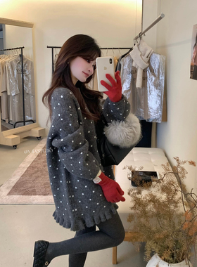 Y.JIA伊嘉冬季甜美风波点圆领宽松显瘦百搭套头针织上衣女1237-55