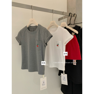 T恤女1177 teeT恤短袖 Y.JIA伊嘉十三行夏季 圆领正肩小樱桃口袋短袖