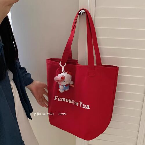 红白撞色字母印花大容量帆布包女