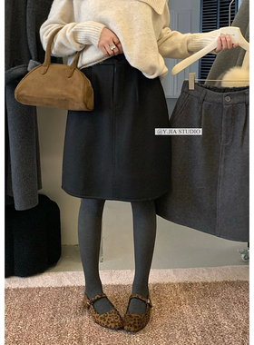 Y.JIA伊嘉十三行冬季MIU系复古毛呢A字裙加绒加厚半身裙女7823-55