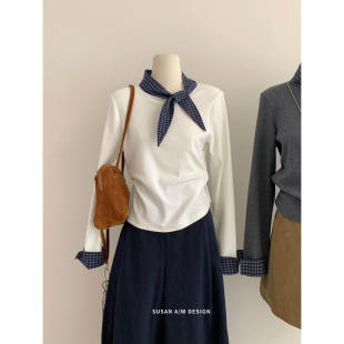 T恤女DW6250 长袖 SUSAN 十三行春夏韩系ins甜美减龄打结格子领修身