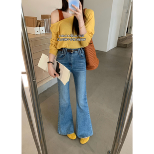 JIAJIATMMT木里气质百搭高腰修身微喇拖地裤牛仔裤女春配腰带5297