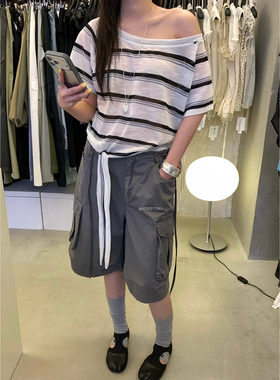 MZI STUDIO十三行夏条纹下摆系带打结松弛软糯宽松短袖T恤女13229