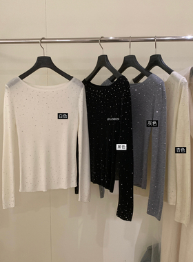 THE LIMON冬季小心机温柔设计感烫钻一字肩细羊毛针织衫女NM-8369