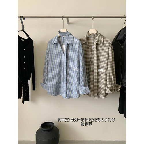 Y.JIA十三行秋季复古宽松设计感休闲别致格子衬衫女配飘带7725-55