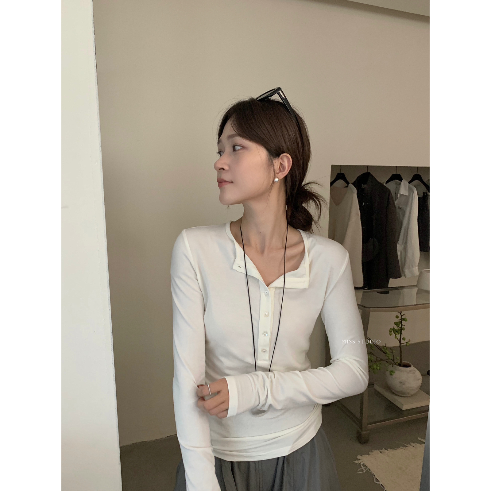 半开扣舒适弹力打底长袖T恤女