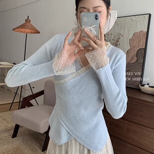 针织衫 SEE 女 绝美设计感蕾丝边V领不规则开衩长袖 法式 YOU冬季 新款