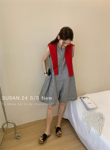 SUSAN复古格纹棉麻连体裤女2024夏季新款圆领无袖宽松阔腿裤短裤