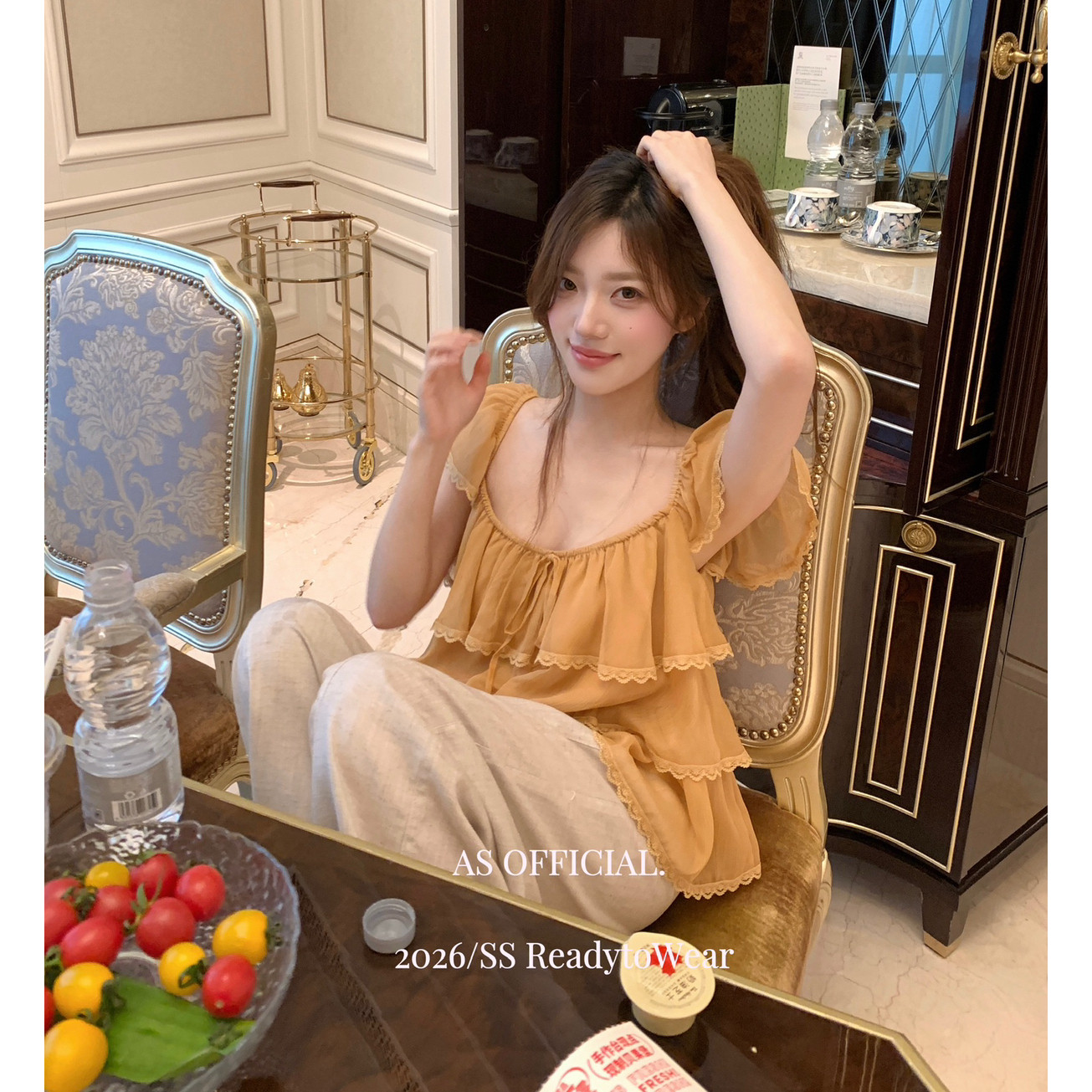 AS OFFICIAL-26夏上新古早甜妹小飞袖蕾丝边轻纱法式小衫女28012