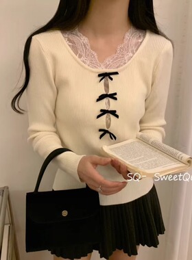 SQ法式温柔绝美撞色蝴蝶结蕾丝拼接针织衫女冬季甜美减龄加厚上衣