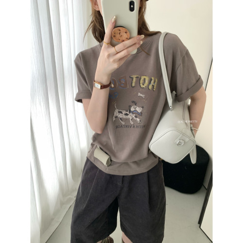 ACME十三行秋季新款韩系减龄百搭tee小狗磨毛短袖T恤上衣女潮W969
