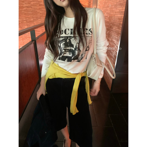 MZI STUDIO秋季摇滚人物字母印花显瘦正肩百搭长袖T恤上衣女13585