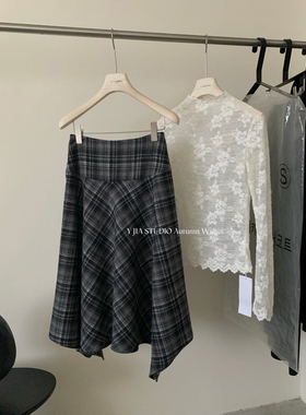 Y.JIA伊嘉十三行秋冬韩系灰格不规则复古高腰显瘦半身裙女3397-55