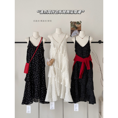 LADY MARIA夏季韩系甜美V领波点荷叶边不规则吊带连衣裙子女4977