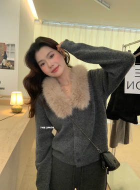 THE LIMON柠檬绿茶冬季百搭软糯开衫保暖毛衣女配拆卸毛领NM-8382