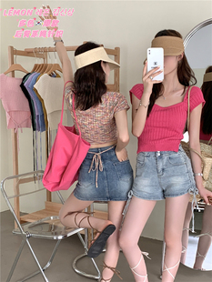 THE LEMON短袖针织衫女2026夏季新款竖条纹圆领后背系带短款上衣