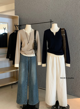 WGWE十三行秋冬法式复古羊毛假两件百搭修身显瘦内搭针织衫W7277
