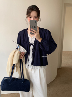 LEMMY-十三行秋上新法式系带设计宽松泡泡袖上衣假两件小衫女001