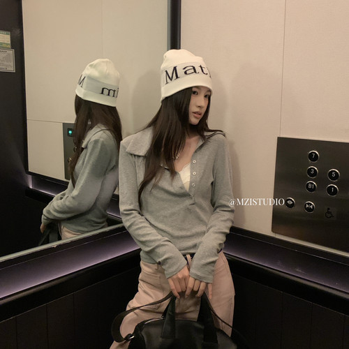 MZI STUDIO-版秋日棉翻领斜门襟舒适软糯设计感百搭长袖T恤13569#
