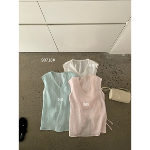IMISS十三行夏季韩标气质设计感简约后绑带亚麻无袖衬衫女R90718
