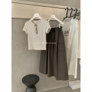裙套装 松紧腰口袋工装 女 T恤 Y.JIA伊嘉2026十三行春夏条纹感修身