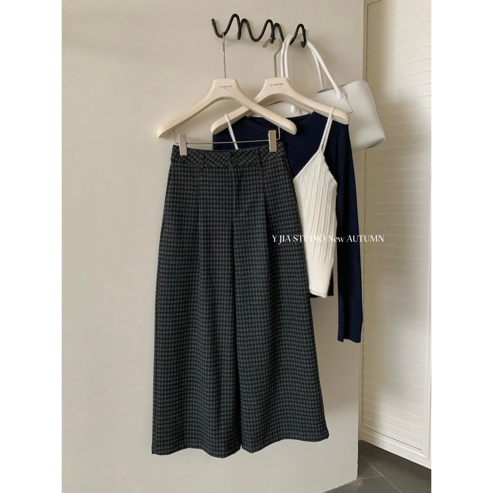 阔腿宽松百搭毛呢格子八分休闲裤