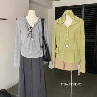 长袖 Y.JIA 慵懒感连帽小个子正肩显瘦针织衫 十三行秋季 T恤女 伊嘉