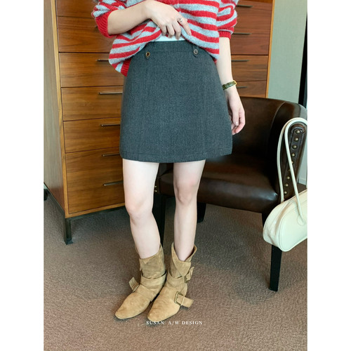 SUSAN十三行秋季韩系彩色毛呢高腰斜扣遮胯显瘦百搭半身裙女TC638