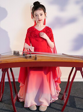 古筝演出服女童古典舞蹈服飘逸汉服儿童中国风红色大合唱演奏礼服