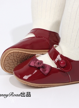 春秋新款婴儿鞋公主鞋漆皮亮皮小皮鞋酒红黑色软底防滑0-1岁单鞋