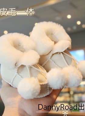 冬季新款婴儿鞋毛毛球羊皮毛一体雪地靴加绒保暖软底0-1岁宝宝鞋