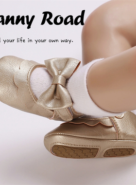 2025新款金色公主鞋蝴蝶结宝宝鞋小皮鞋软底防滑0-1岁女宝魔术贴