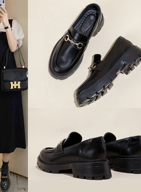 真皮乐福鞋女2026春秋新款时尚松糕厚底jk平底小皮鞋休闲黑色单鞋
