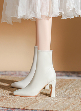 真皮版~高跟短靴女马丁靴2025秋冬新款洋气白色瘦瘦韩系小踝靴