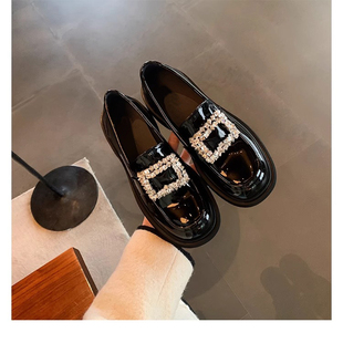 真皮水钻乐福鞋女2026春秋新款厚底英伦风黑小皮鞋粗跟玛丽珍单鞋