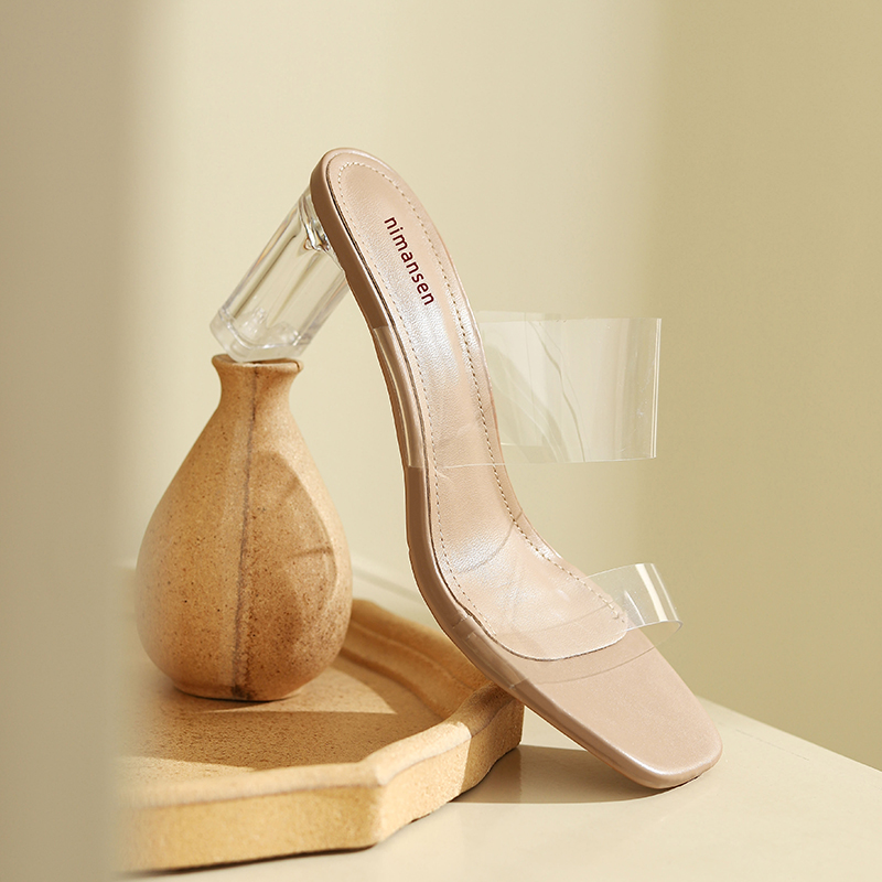 水晶跟透明凉鞋女2026夏季新款一字带粗跟高跟仙女风配裙子气质鞋