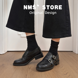 妮曼森英伦风双搭扣乐福鞋女黑色圆头小皮鞋复古雕花单鞋