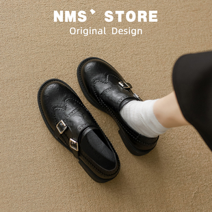 妮曼森英伦风双搭扣乐福鞋女黑色圆头小皮鞋复古雕花单鞋