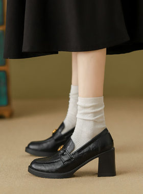羊皮版~英伦风乐福鞋女黑色厚底粗跟一脚蹬复古小皮鞋单鞋