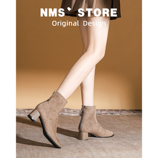 法式绒面时装小短靴女2025秋冬新款爆款粗跟洋气小个子高跟瘦瘦靴