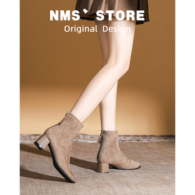 法式绒面时装小短靴女2025秋冬新款爆款粗跟洋气小个子高跟瘦瘦靴