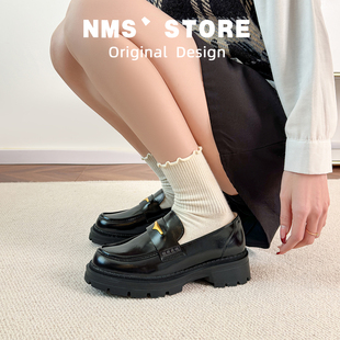 真皮~复古一脚蹬乐福鞋女厚底粗跟圆头豆豆单鞋百搭英伦风小皮鞋