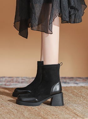 羊猄绒~高跟靴子女秋冬2026新款马丁靴小踝靴英伦风洋气瘦瘦短靴