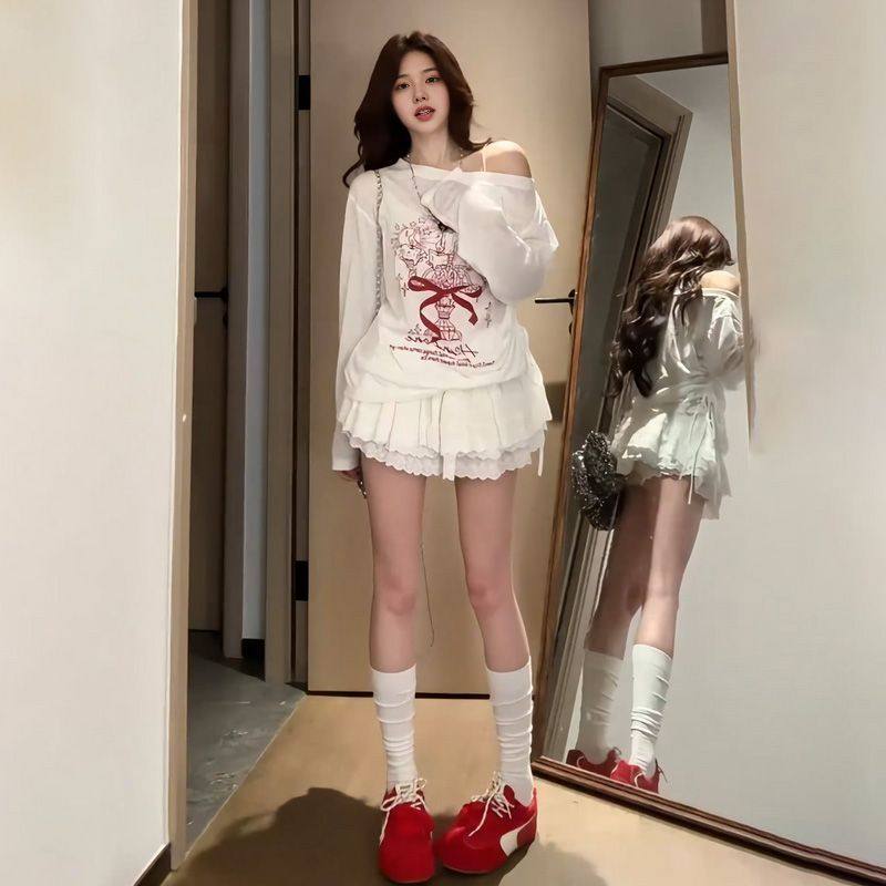 大码胖mm美式斜肩长袖t恤女夏季涂鸦印花宽松防晒罩衫慵懒风上衣