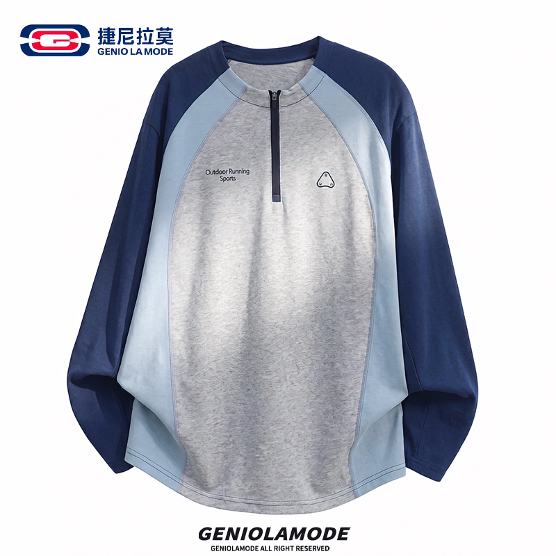 GENIOLAMODE撞色拼接长袖T恤男款户外山系半拉链骑行卫衣男女上衣