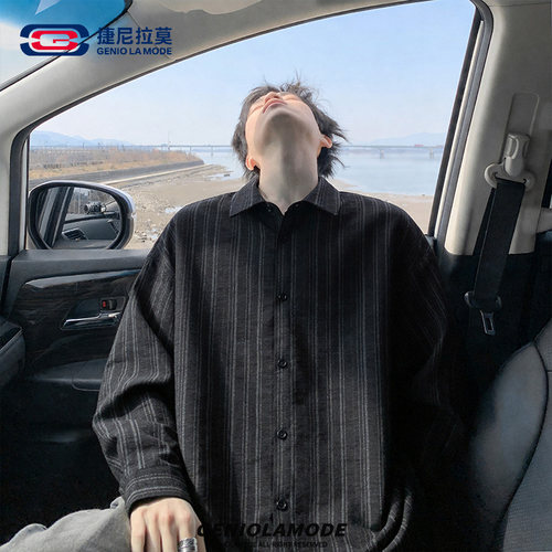 捷尼拉莫黑色条纹拼接长袖衬衫男