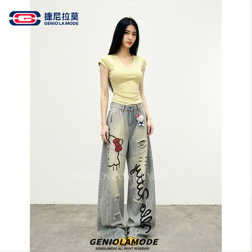 捷尼拉莫夏季潮流水洗牛仔裤男女