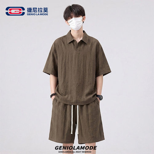 GENIOLAMODE天丝亚麻休闲运动一整套男夏季老钱风polo领短袖套装