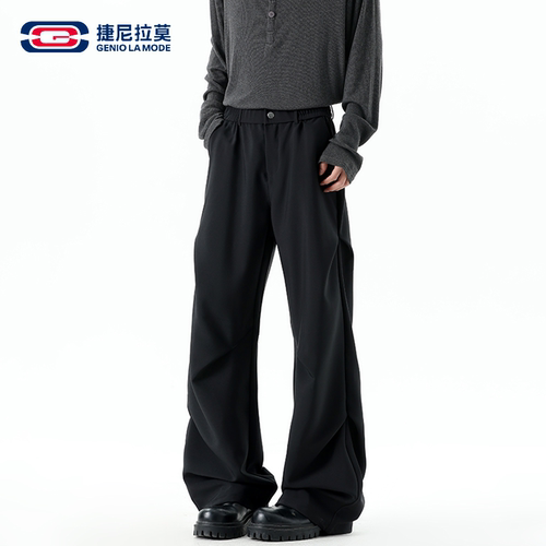复古褶皱微喇黑色西裤男女款夏季